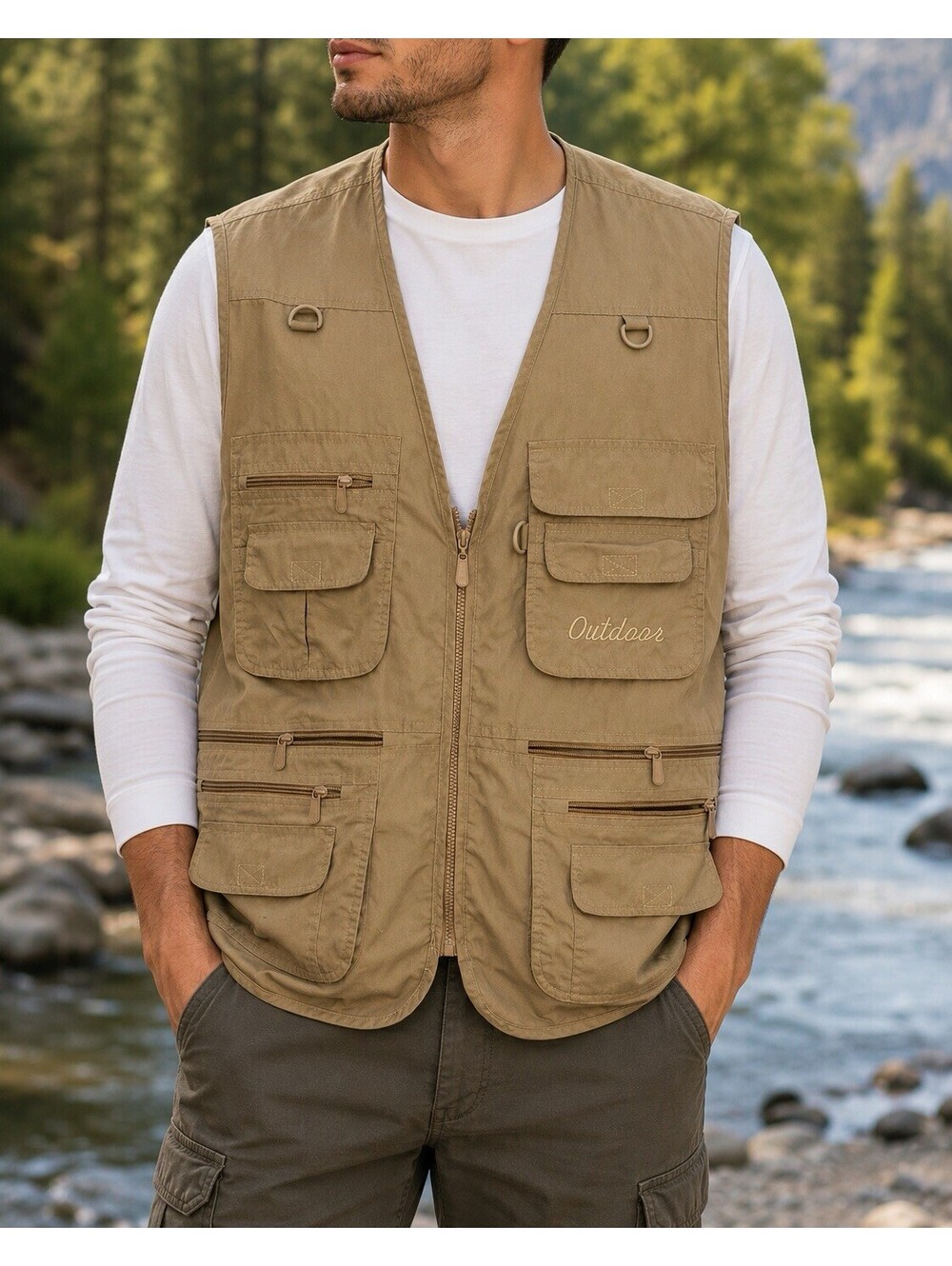 Outdoor Since 1988 Men’s Utility Fishing Safari Vest Camel Multi Pocket XL